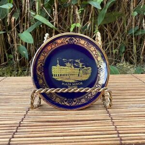 Vintage Plaza Mayor Madrid Decorative Plate Gold On‎ Cobalt Blue 3"